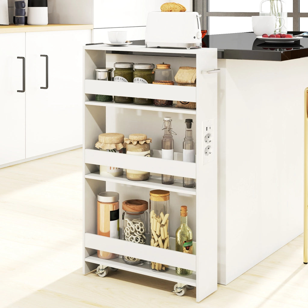Carrello da cucina 4 ripiani con stazione di ricarica maniglia e parapetti, Carrello stretto a sfilo con ruote bloccabili per cucina lavanderia Bianco