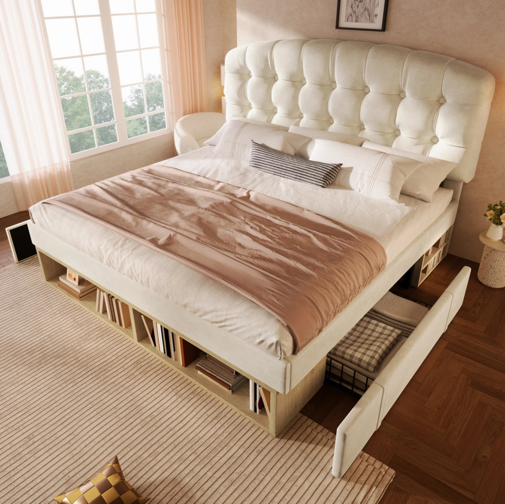 Letto matrimoniale imbottito 140x200 cm in velluto beige con testiera regolabile e cassetti