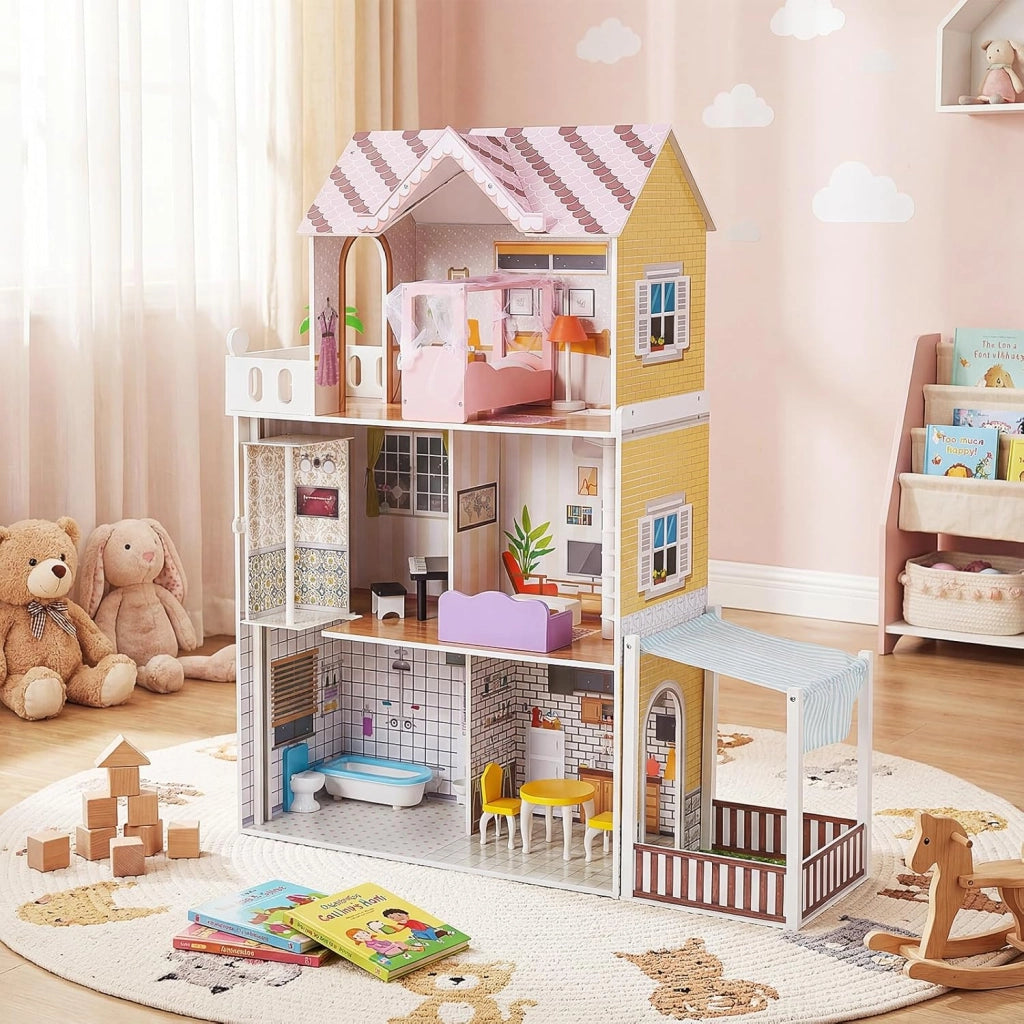 Casa delle Bambole in Legno, Casa Barbie a 3 Piani con Mobili, Ascensore, Balcone, Giardino e 16 Accessori, Fai-da-Te Giocattolo per Bambini 3+ Anni,102 x 34 x 120,5 cm