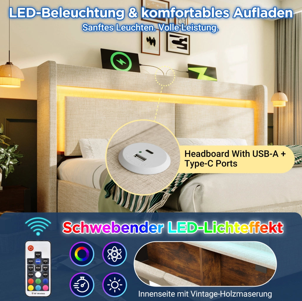Letto imbottito con testiera attrezzata, illuminazione a LED e vano contenitore