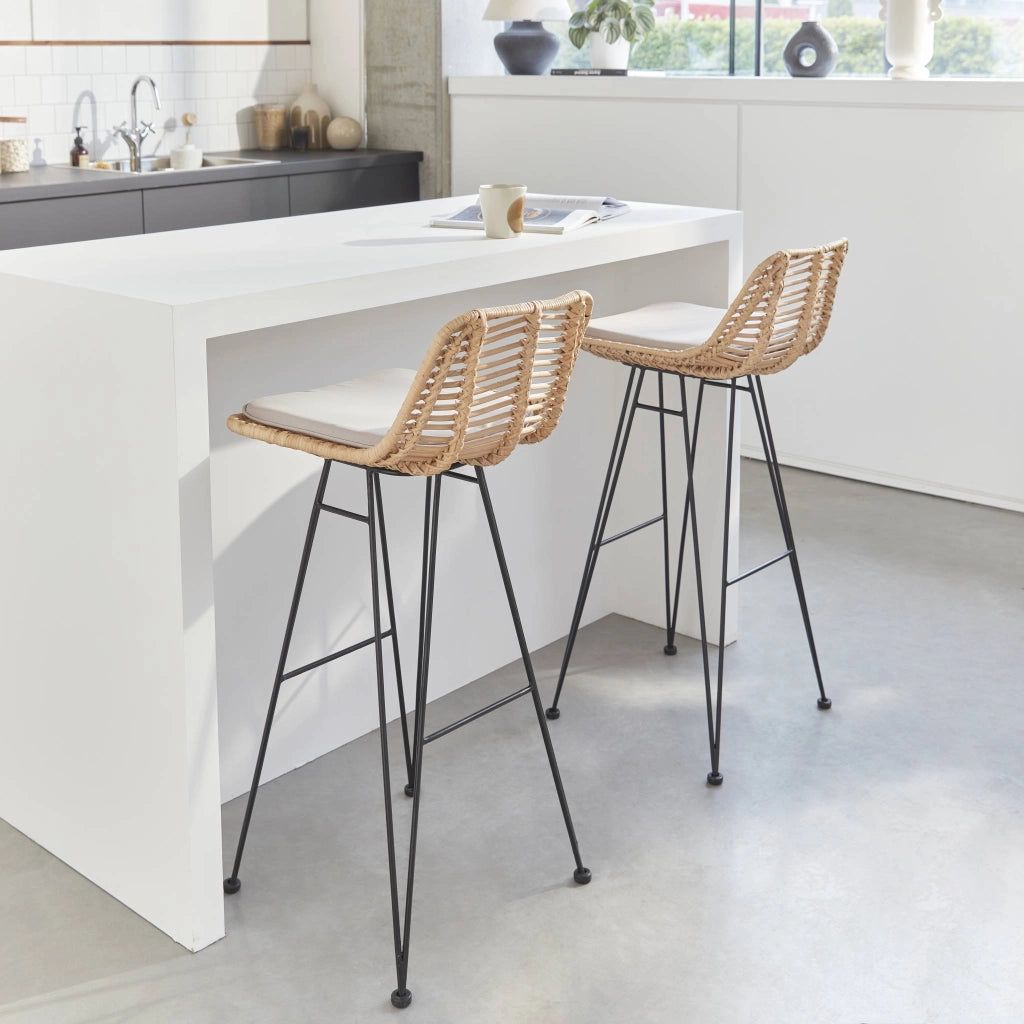Set di 2 sgabelli da bar in metallo e rattan, beige