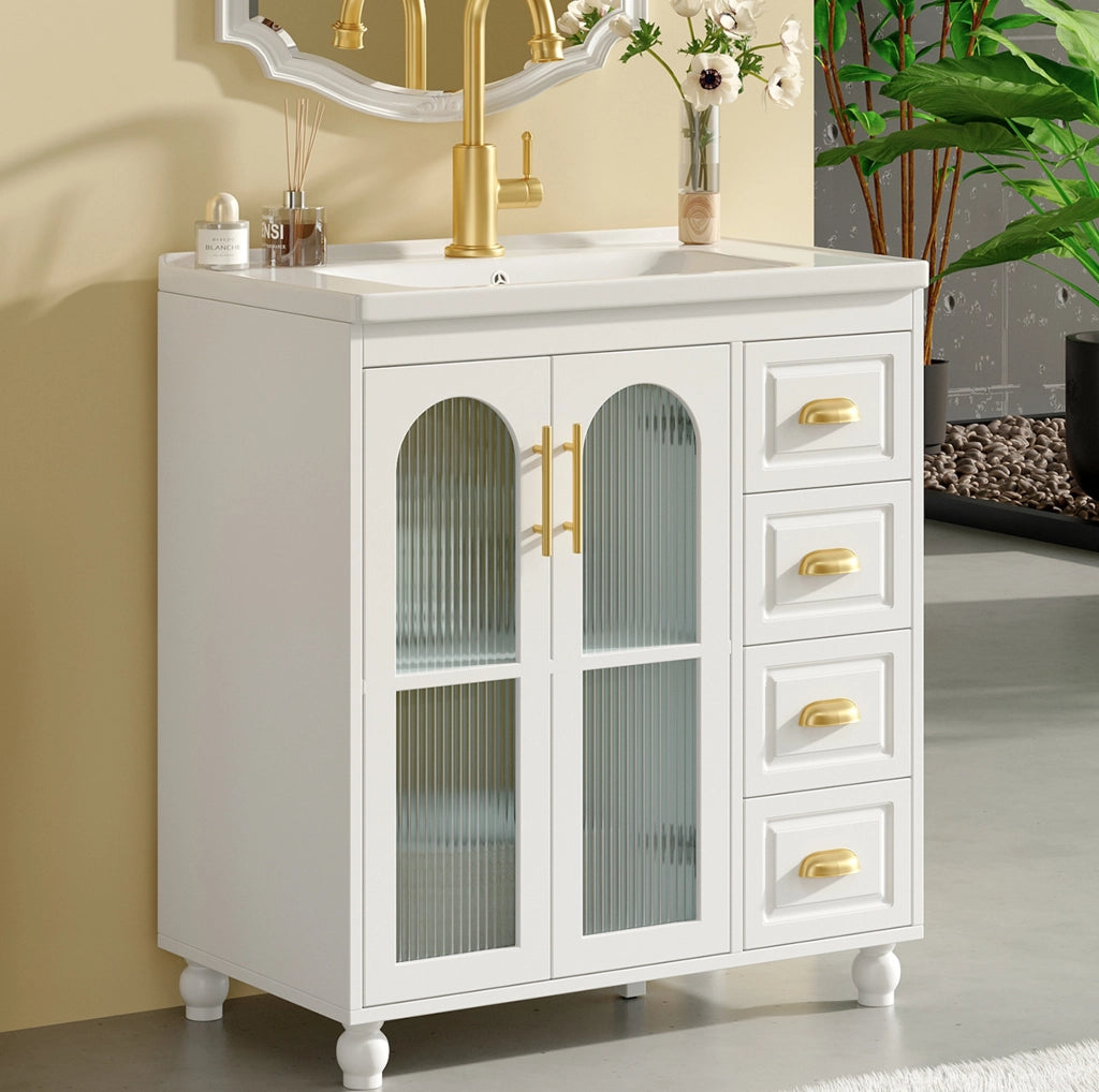 Mobile bagno bianco 80 cm con lavabo in ceramica e doppio vano
