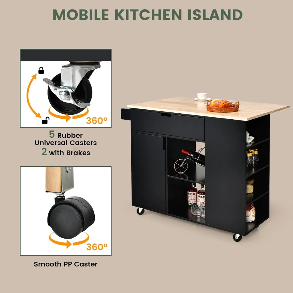 Carrello da Cucina a Isola in Legno, Carrello di Servizio con Piano di Lavoro Estraibile, Mobile da Cucina con Cassetto, Ripiano Regolabile, Carrello da Cucina a Isola (Nero)