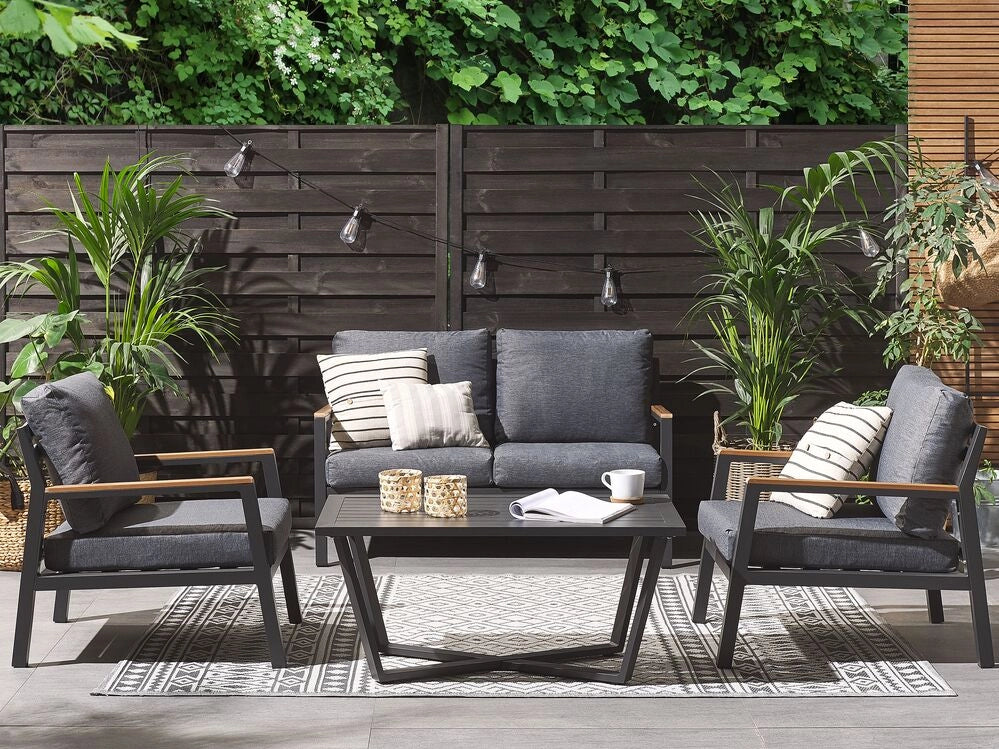 Set Divani Per Esterni Con Struttura In Alluminio Grigio Scuro Divani Poltrone Con Cuscini In Poliestere Tavolino Design Moderno