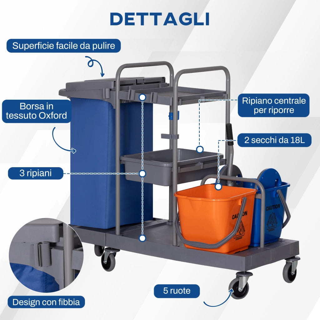 Carrello Pulizie a 3 Ripiani con Sacco per Immondizia e Strizzatore, 111x63.3x103 cm, Grigio Blu e Arancione