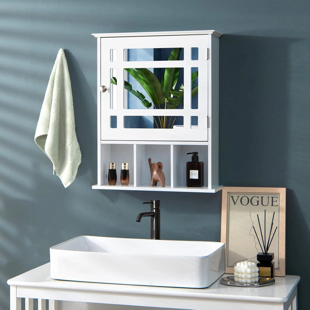Specchio Bagno con Mensola, Toletta da Trucco Bianco con Specchio con 3 Scomparti e 1 Anta, Armadietto da Parete con Ripiano Regolabile, 48x17x60cm