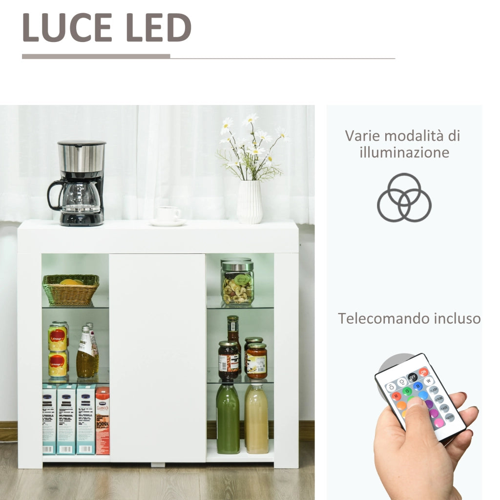 EasyComfort Credenza Moderna a Anta con Luci LED e Mensole in Vetro, Mobile Multiuso in Legno con Finitura Lucida, 97x35x83cm, Bianco