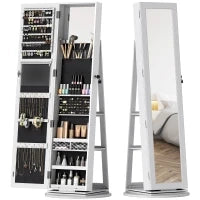 Specchio Portagioie 3 in 1 Girevole a 360°, Ripiani Posteriori e Anta con Chiave, 55x55x161 cm, Bianco
