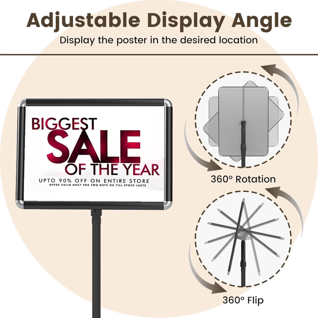 Porta poster su piedistallo A3 in alluminio, pannelli di visualizzazione rotazione a 360°, altezza regolabile 89,5-134 cm, espositore per matrimonio, ingresso ufficio (nero, 2)