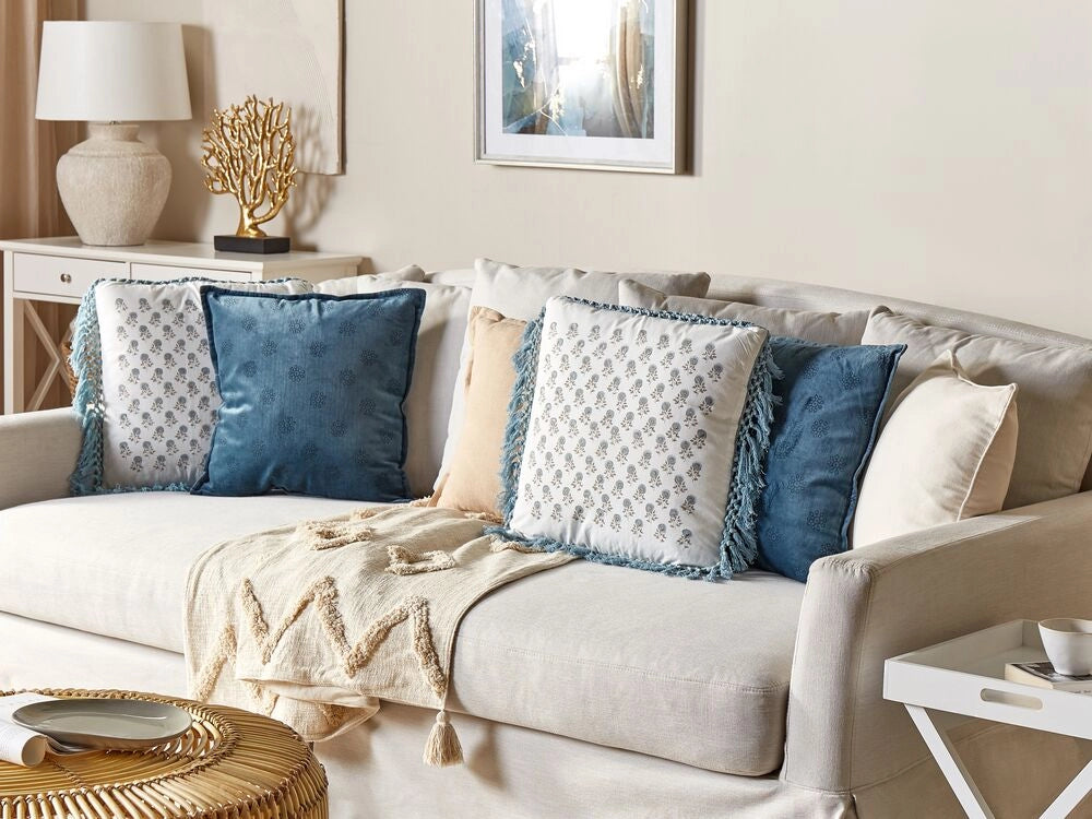 Set di 2 cuscini decorativi bianchi e blu cotone 45 x 45 cm motivo floreale con frange fatti a mano fodera rimovibile con imbottitura stile boho
