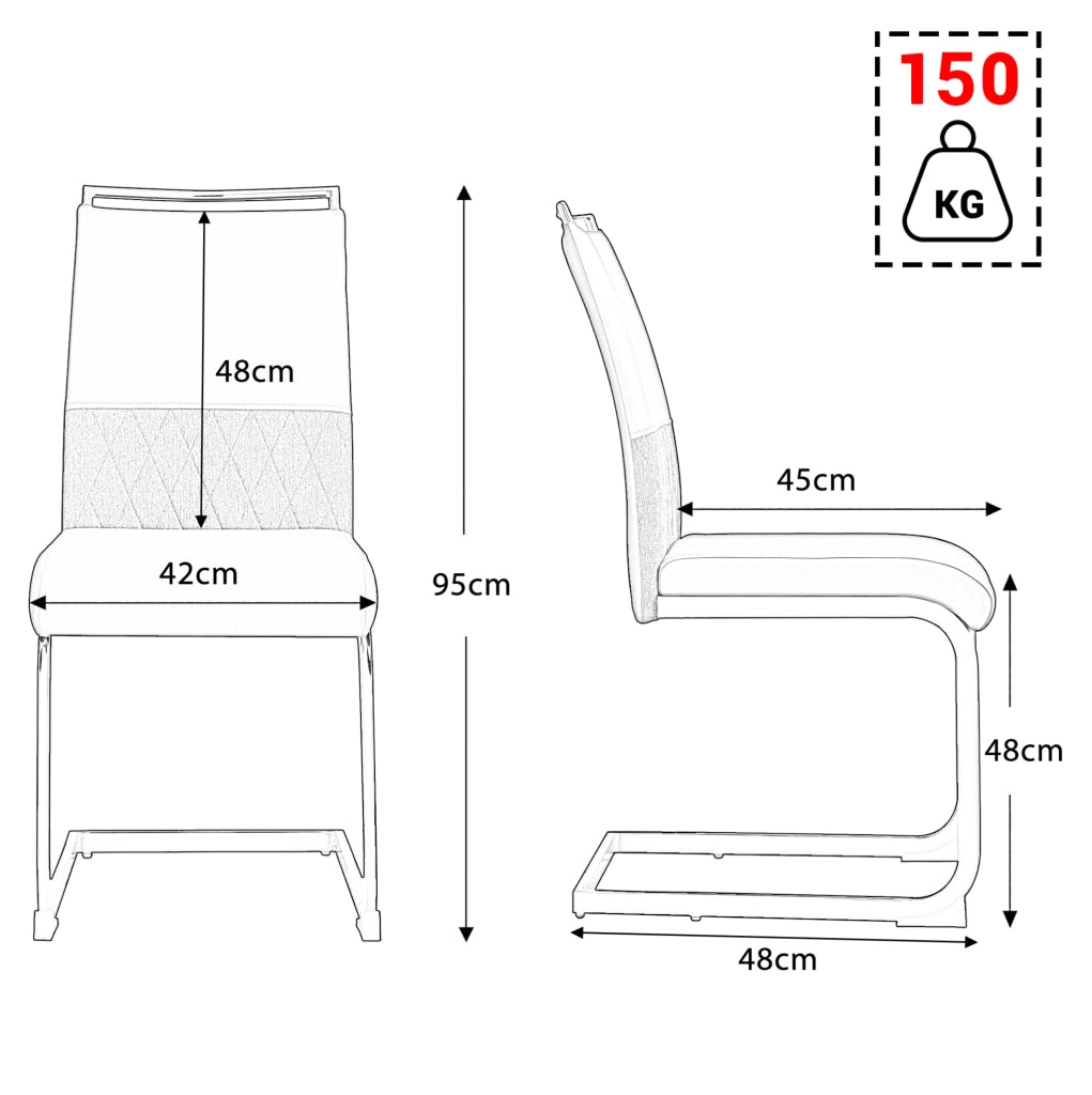 Sedia da pranzo 42x45 cm bianca, metallo e PU con schienale imbottito