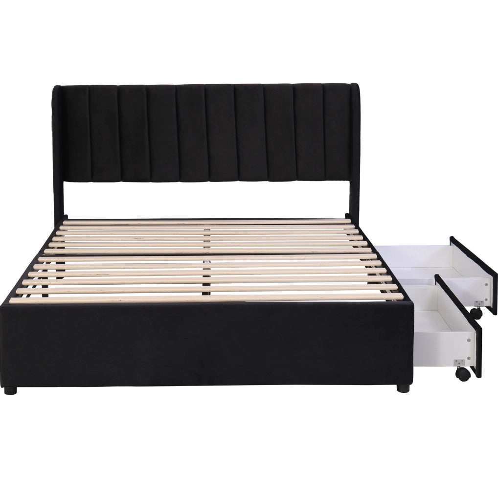 Letto imbottito in velluto 140x200 cm con rete a doghe, testiera e 2 cassetti, nero