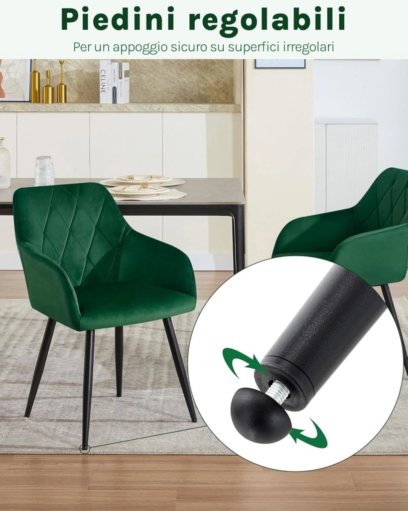 1x Sedia per Sala da Pranzo Imbottita, Poltroncina in Velluto,Sedia da Cucina con Braccioli e Schienale, Gambe in Metallo, Verde Scuro, BH352dgn-1