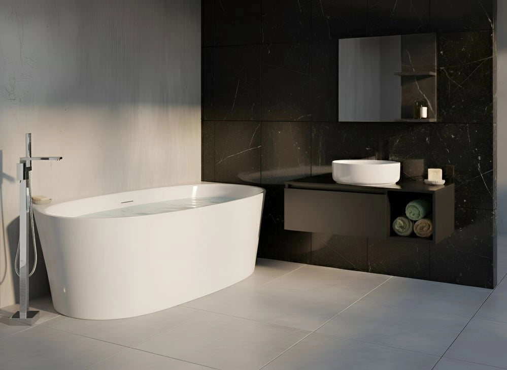Vasca da bagno in acrilico ovale a filo parete 170 x 80 cm Bianca stile moderno