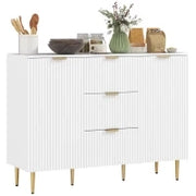 Credenza Moderna con 3 Cassetti, 2 Armadietti e Ripiani Regolabili, Legno e Metallo, Bianco