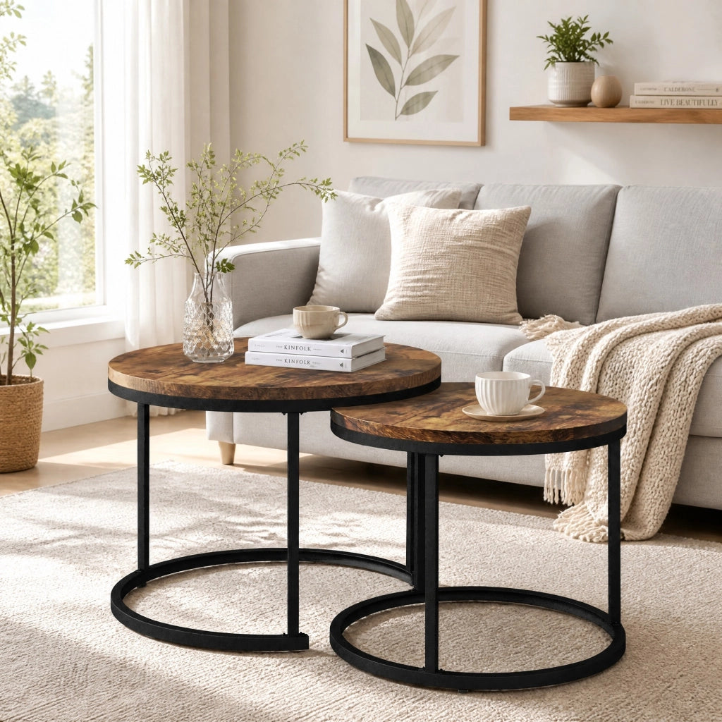 Set di 2 tavolini da caffè rotondi impilabili, colore legno/Brown, in MDF con struttura in metallo