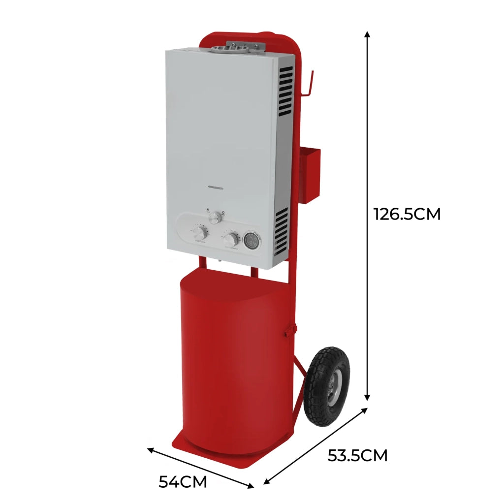 Doccia portatile per cavalli con carrello rosso, serbatoio 18L, tubo 10m.