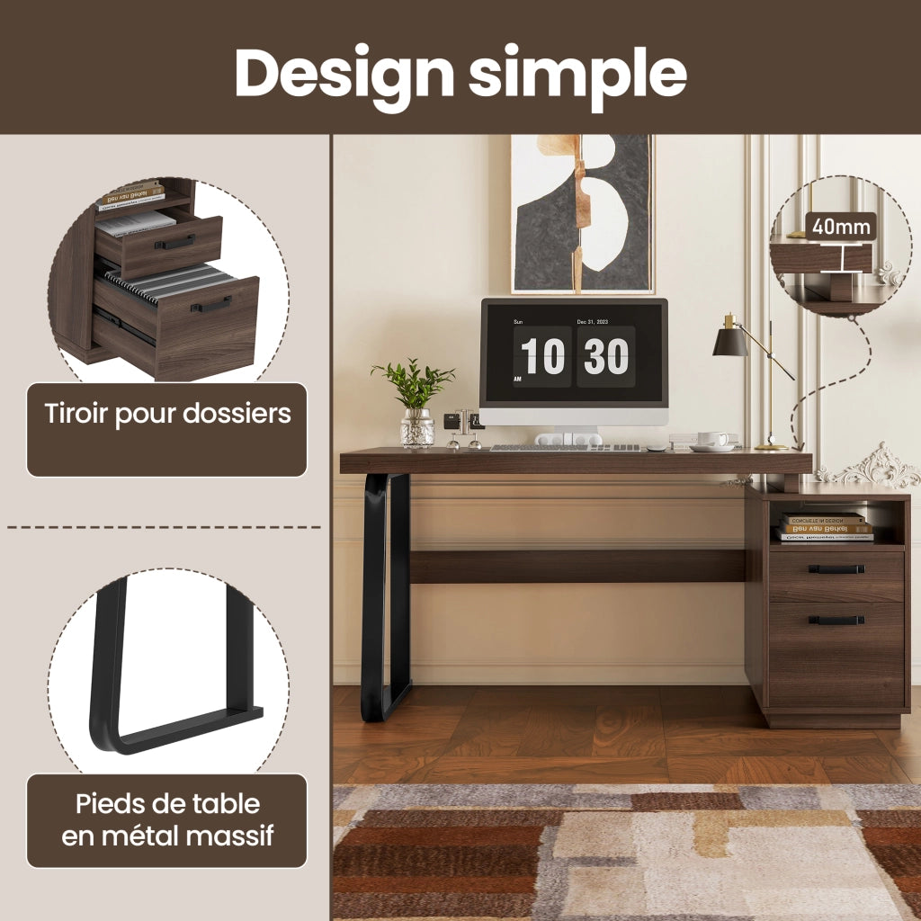 Scrivania lineare con vano aperto e cassetto silenzioso, in MDF e metallo, per ufficio e studio, marrone, 135 × 54 cm