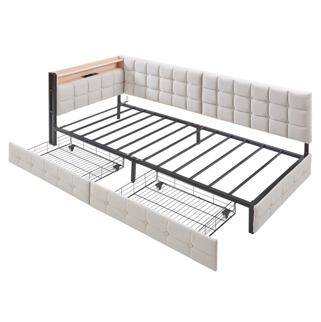 Divano letto 90x200 cm con 2 cassetti; LED e porte USB/Tipo-C in tessuto beige