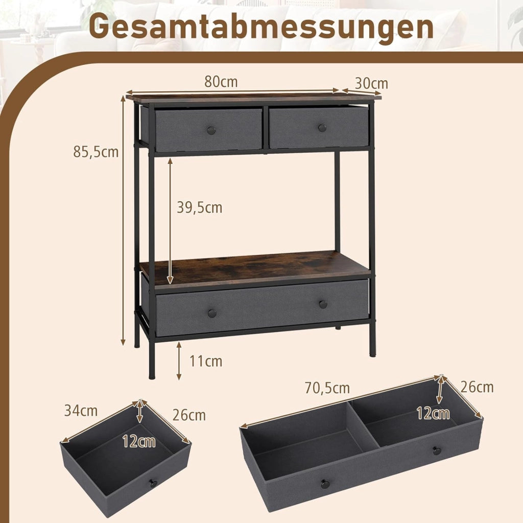 Tavolo consolle con 3 cassetti pieghevoli e vano portaoggetti aperto, tavolo d'ingresso con telaio in metallo, tavolo da esposizione rustico per soggiorno, corridoio e ingresso, 80 x 30 x 85,5