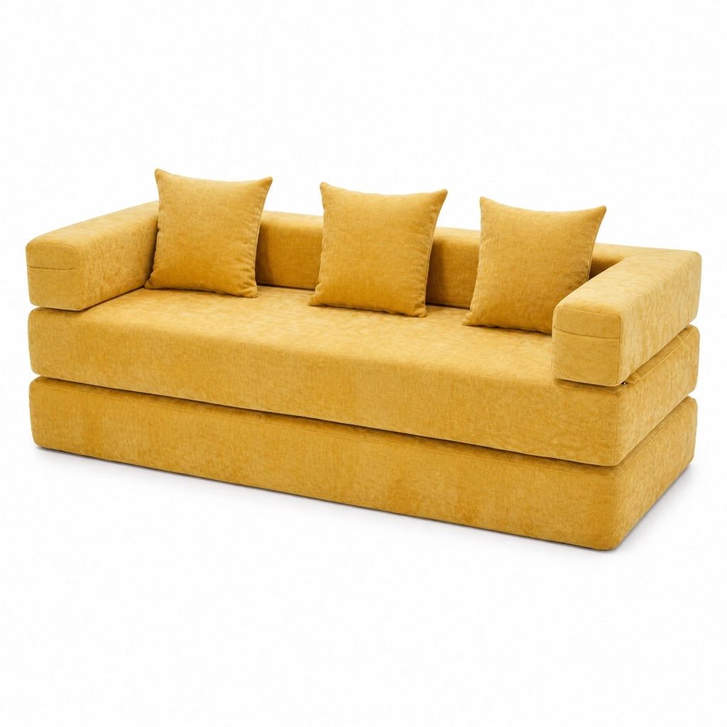 Divano modulare in chenille color senape con tasche laterali, base antiscivolo e imbottitura in schiuma