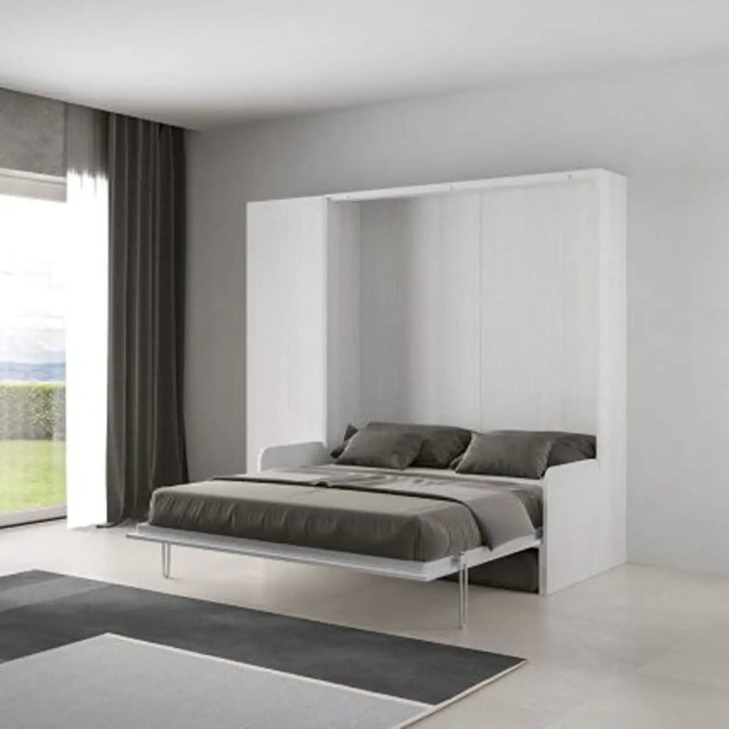 Letto matrimoniale a scomparsa 160 Kentaro con divano e colonna bianco frassino, grigio