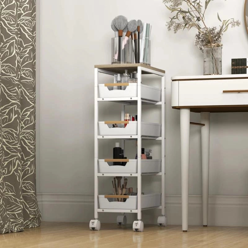 CARRELLO DA CUCINA A 5 LIVELLI CON 4 CESTI ESTRAIBILI, IN METALLO, PP E LEGNO, 39.5X24X82 CM, BIANCO E ROVERE