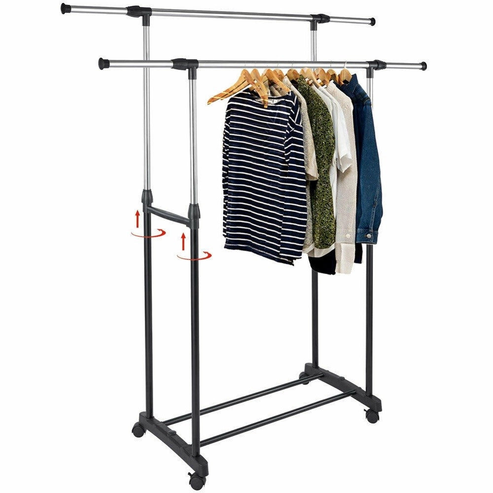 Trade Shop - Stand Appendiabiti Da Terra Doppio Con Ruote Aste Telescopiche Regolabile Abiti -
