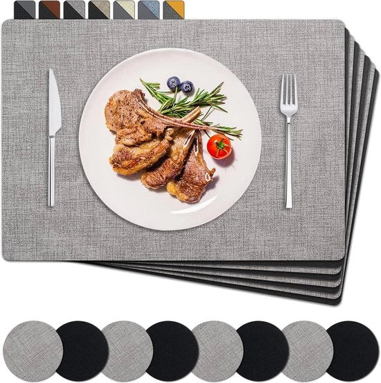 Piatti da asciugare in pelle - set da 8 - resistente al calore - a doppia faccia - antiscivolo - impermeabili - sottopiatto - rotondi - nero - grigio
