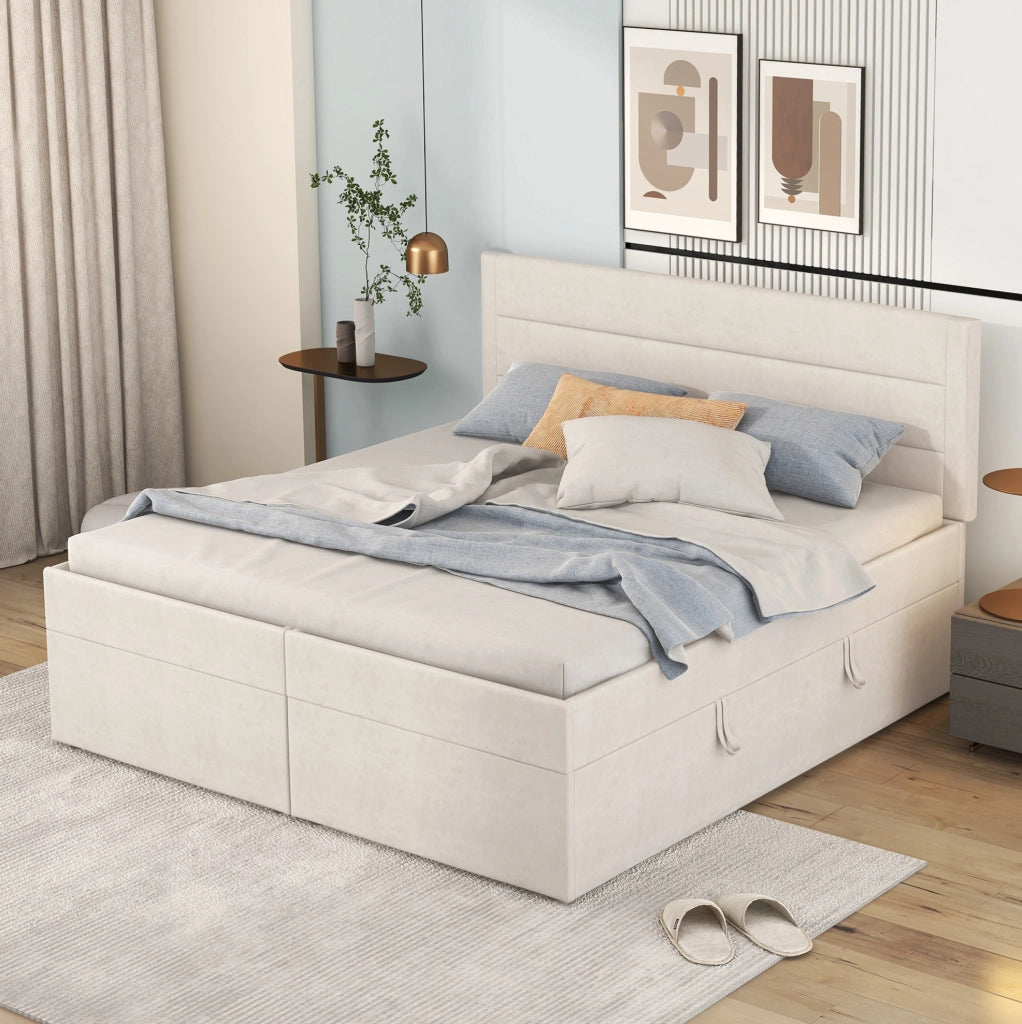 Letto matrimoniale imbottito beige con contenitore e rete a ribalta