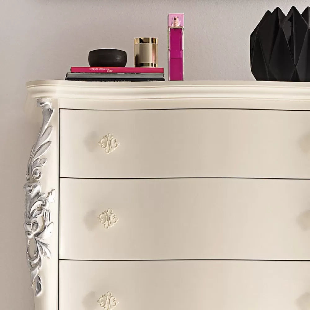 Cassettiera classica sagomata 6 cassetti in legno bianco argento l.86 p.47 h.132 - Mobili 2G