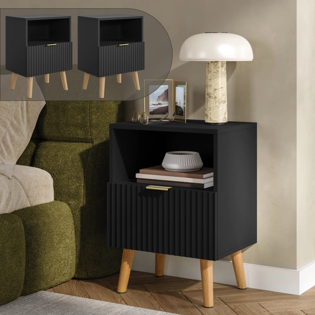 Set di 2 Comodini Nand con Cassetto e Vano Aperto 55x40x30 cm Nero [en.casa]