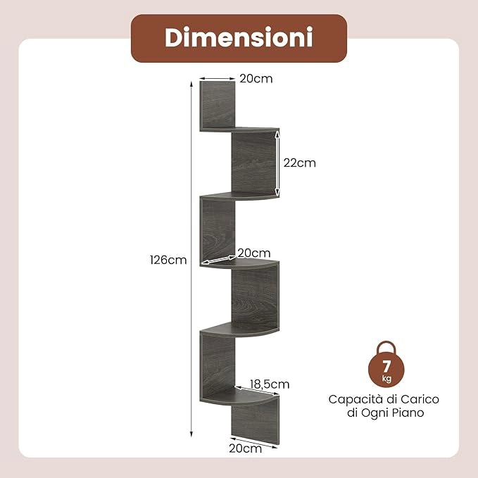 Scaffale Angolare a 5 Livelli, Scaffale Sospeso a Muro, Organizzatore di Stoccaggio a Parete, Espositore in Legno per Soggiorno Camera da Letto e Cucina, 20 x 20 x 126 cm (Grigio)