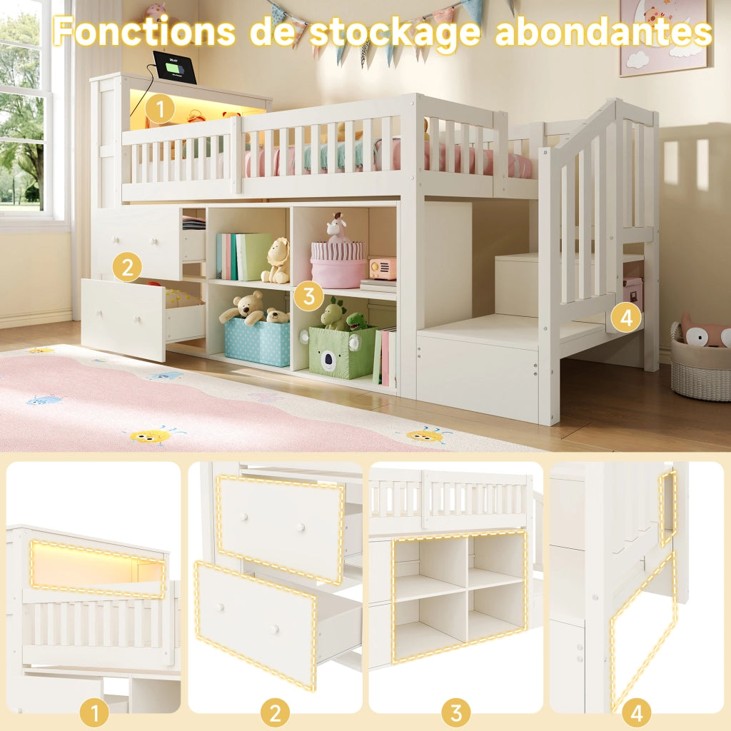 Letto rialzato per bambini 90x200 cm con cassetti; vani portaoggetti; scala contenitore e LED; bianco