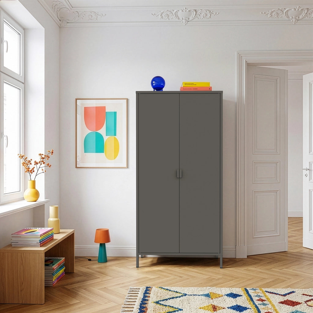 Armadio Guradaroba Esteli in Acciaio a 2 Ante con 2 Barre Appendiabiti e 4 Ripiani 170 x 80 x 45 cm - Nero [en.casa]