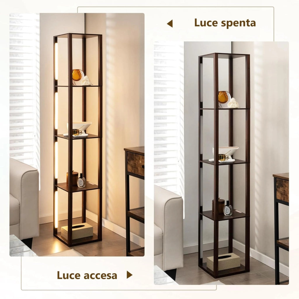 Lampada da Terra con Mensola, Lampadine LED Dimmerabili a 3 Livelli e Poli LED Ruotabili, Piantana Lampada da Terra per Soggiorno, Studio e Camera da Letto (Marrone)