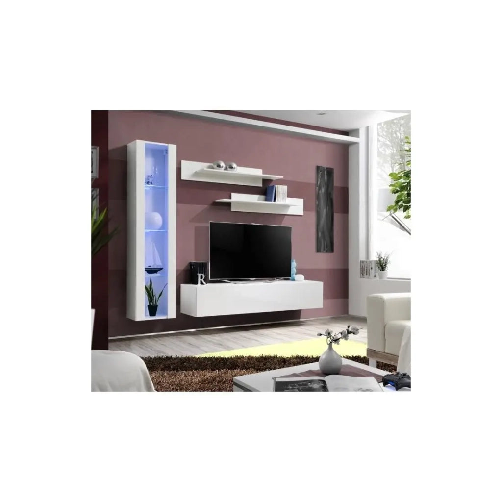 Mobile TV FLY G2 design, colore bianco lucido. Mobile sospeso moderno e alla moda per il tuo soggiorno.