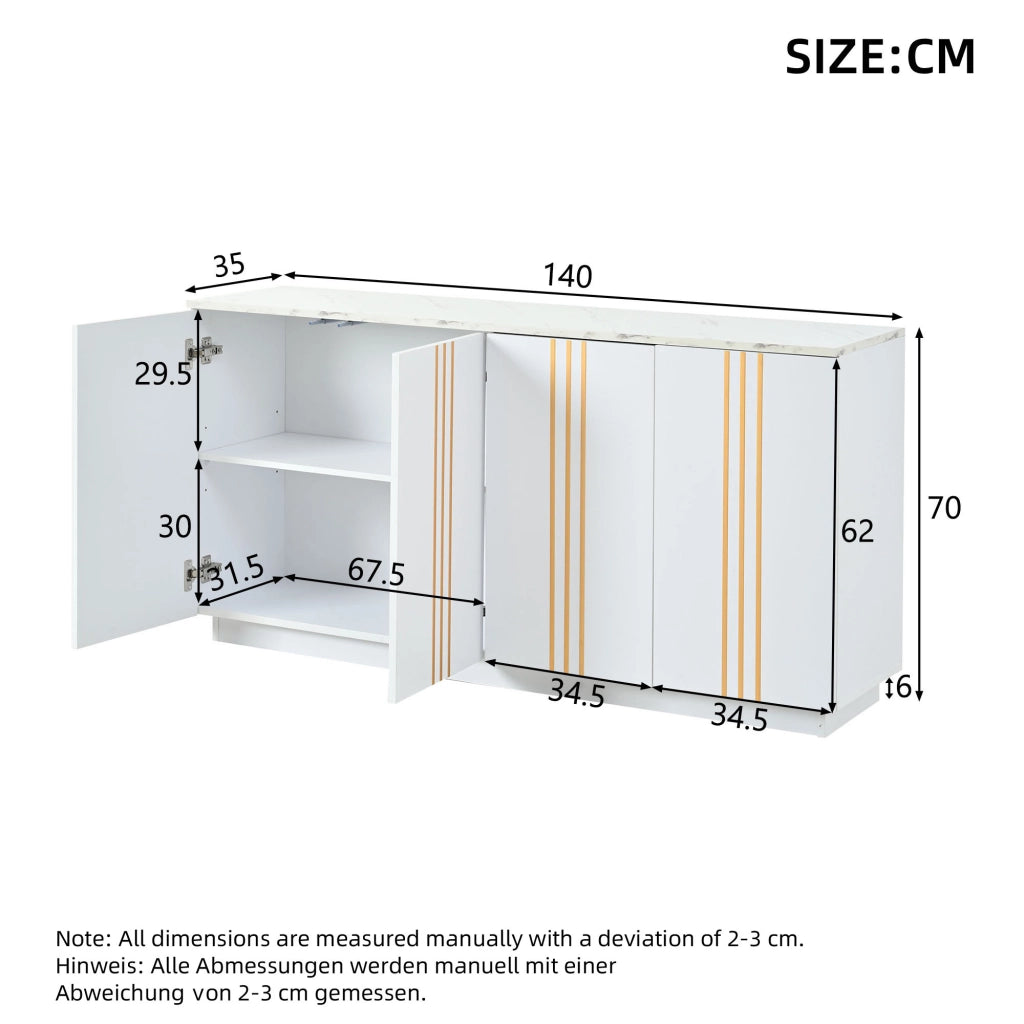 Credenza con 4 ante e ripiani regolabili, per soggiorno e ingresso, in truciolare, bianco e oro, 35 × 140 × 70 cm