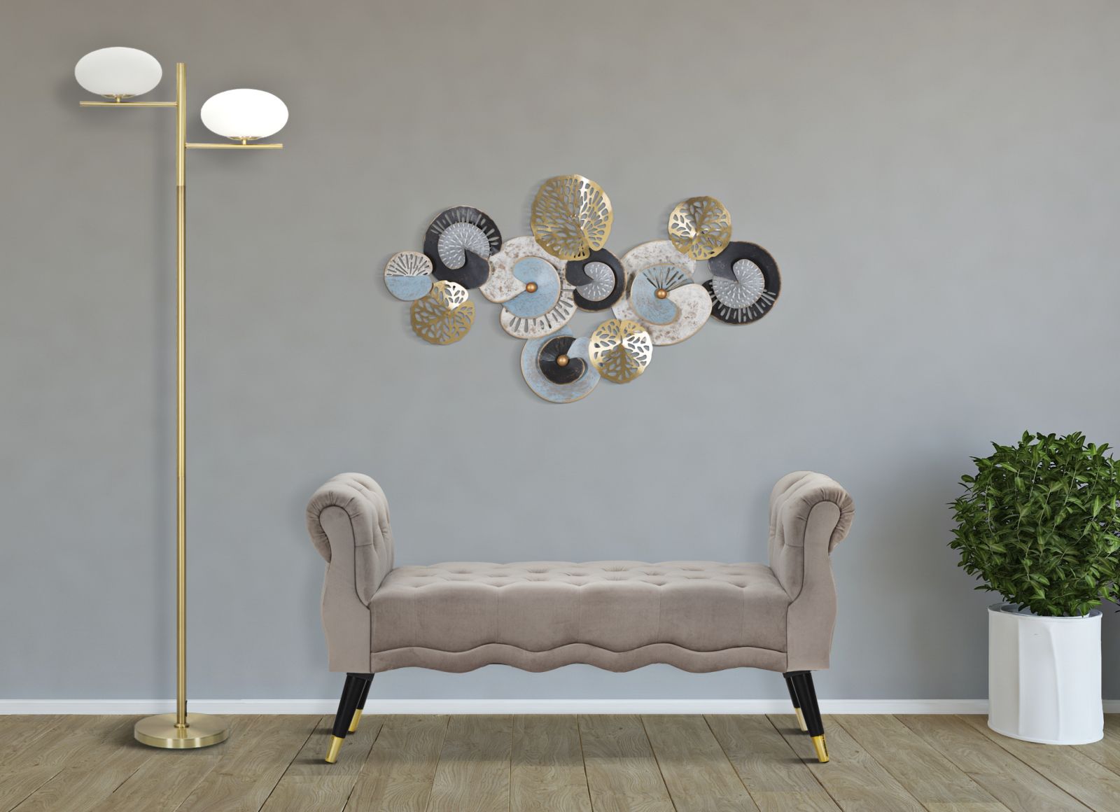 Panchetta Paris 120x40x60 cm in Legno Spugna Metallo e Poliestere Grigio Nero e Oro