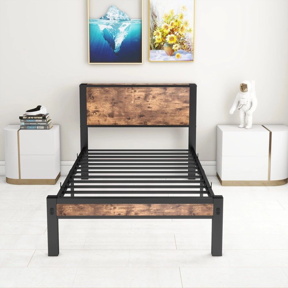 Giroletto Singolo in Metallo con Testiera Contenitore ¨C MINIMAL ¨C 90x200, Marrone Vintage
