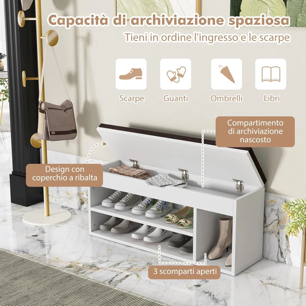 Scarpiera Panca con Cuscino, Scarpiera da Ingresso Salvaspazio, Panca Contenitore per Ingresso Corridoio, 104x30x48 cm, Carico 150 kg (Grigio)