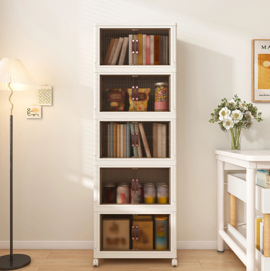 Armadio contenitore pieghevole a 5 livelli in PP bianco con porte magnetiche e ruote