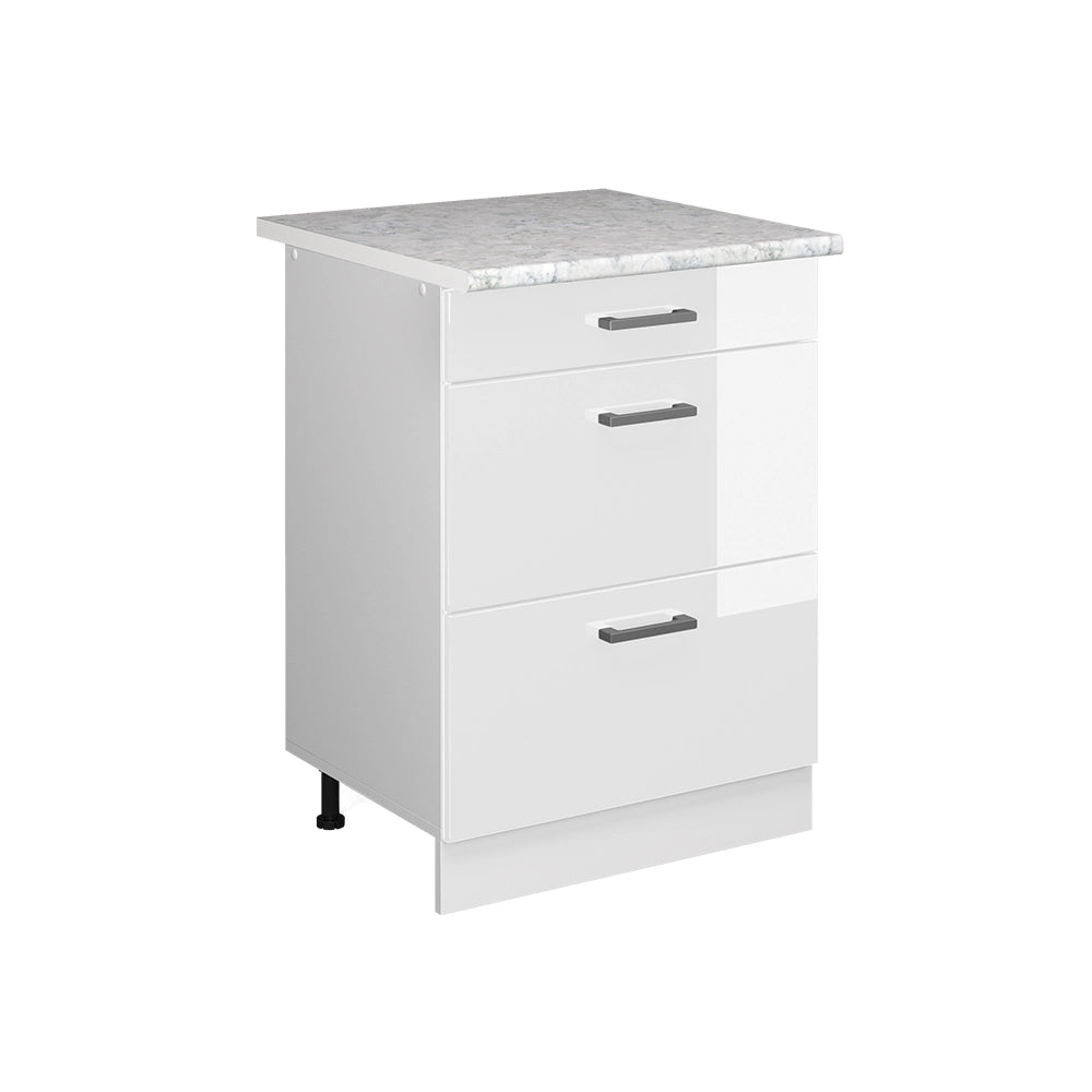 Vicco Mobiletto base per cucina Bianco lucido 60 cm con cassetti PL Marmo