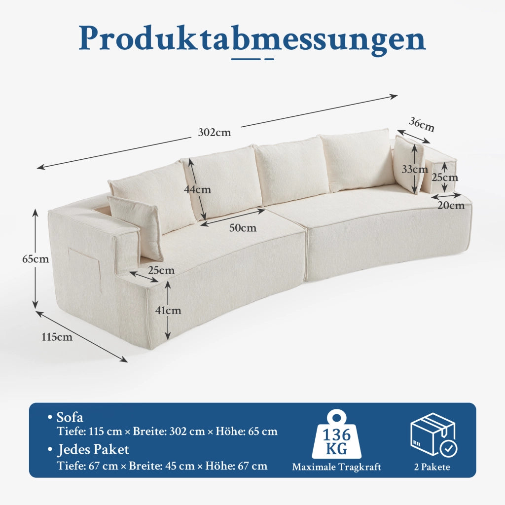 Divano modulare curvo con seduta profonda e comfort elevato in velluto bianco per soggiorno e camera da letto
