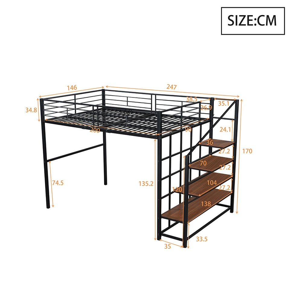 Letto a soppalco 140x200 cm - Xylo - Robusto in metallo con scala e spazio di archiviazione, Nero