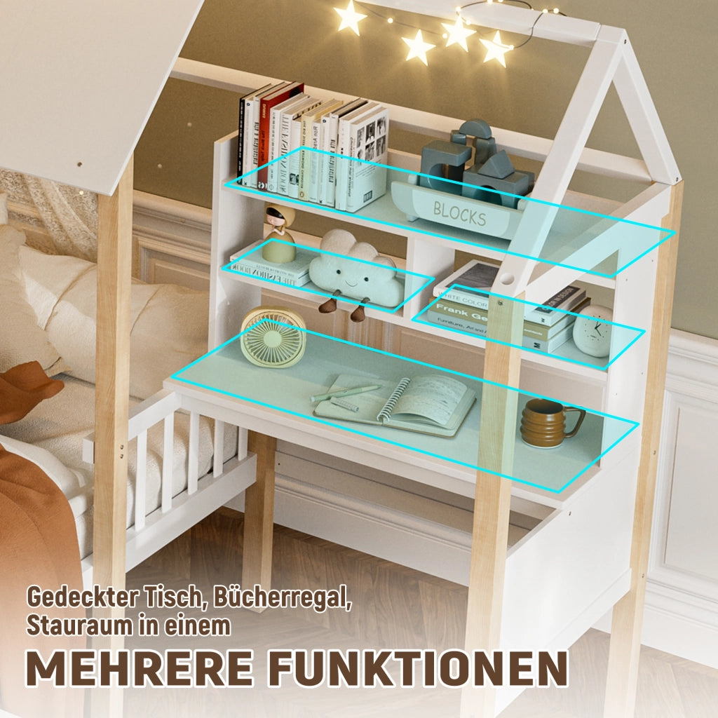 LETTO per bambini L 90x200 cm Bianco in legno massello e MDF con scrivania e libreria