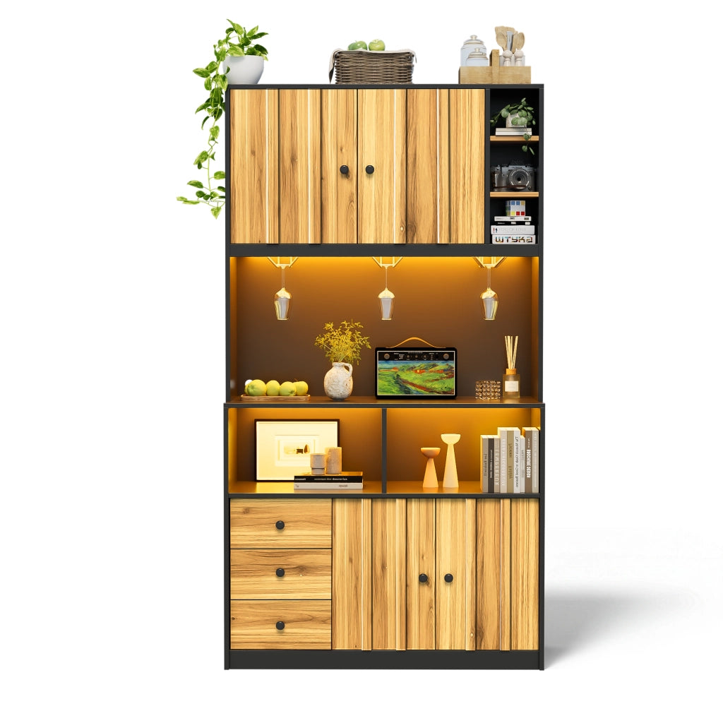 Credenza da cucina con 3 porta calici; presa; LED rgb e vetrina per cucina e sala da pranzo; 100 × 40 × 180 cm