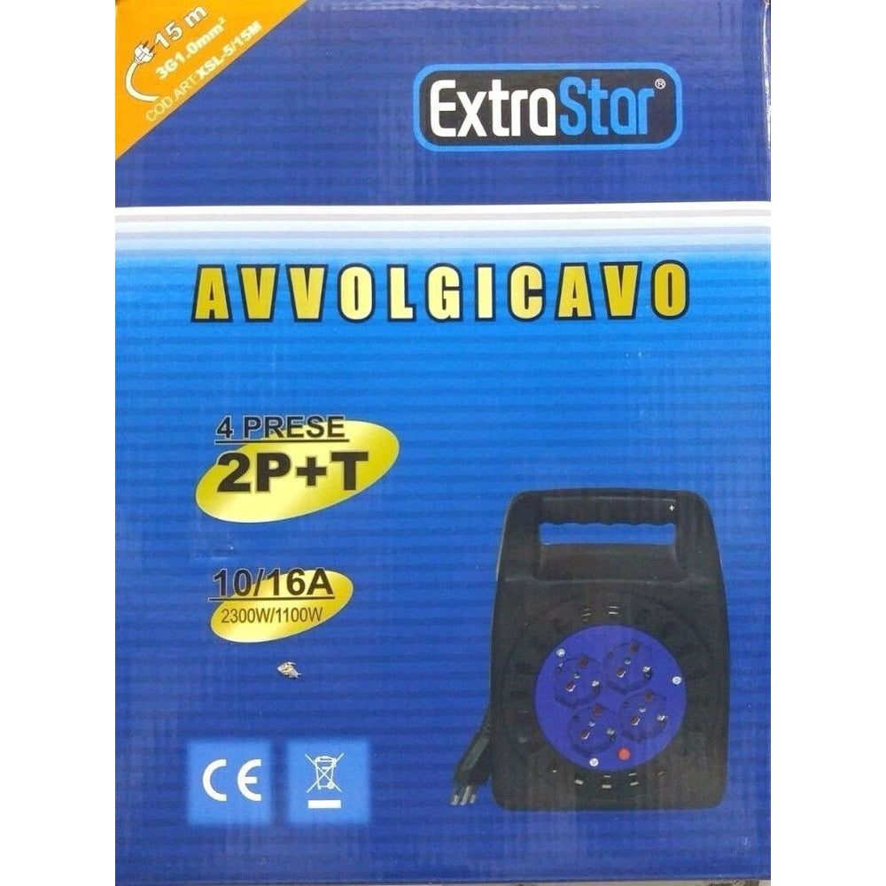 Trade Shop - Avvolgicavo Elettrico Prolunga Corrente Avvolgi Cavo 15 Metri 4 Prese Schuko 2p -