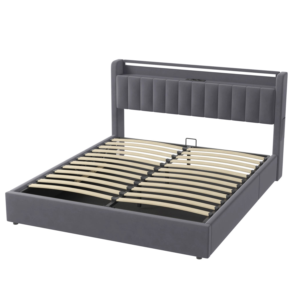 Letto Imbottito 140x200 cm Grigio Scuro in Velluto con Contenitore, USB e Luce d’Atmosfera