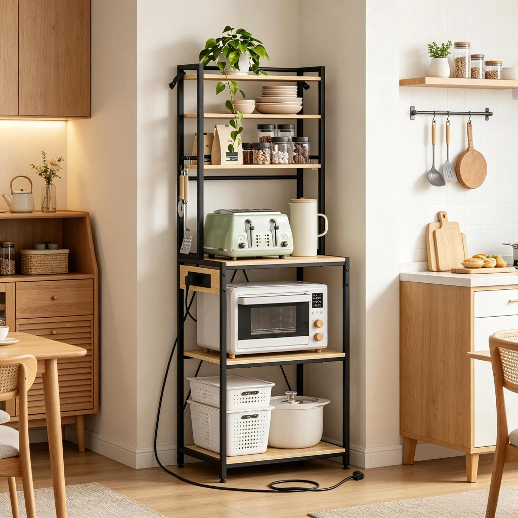 Mensola da cucina con prese elettriche, 6 ripiani aperti e ganci, finitura rovere chiaro e nero